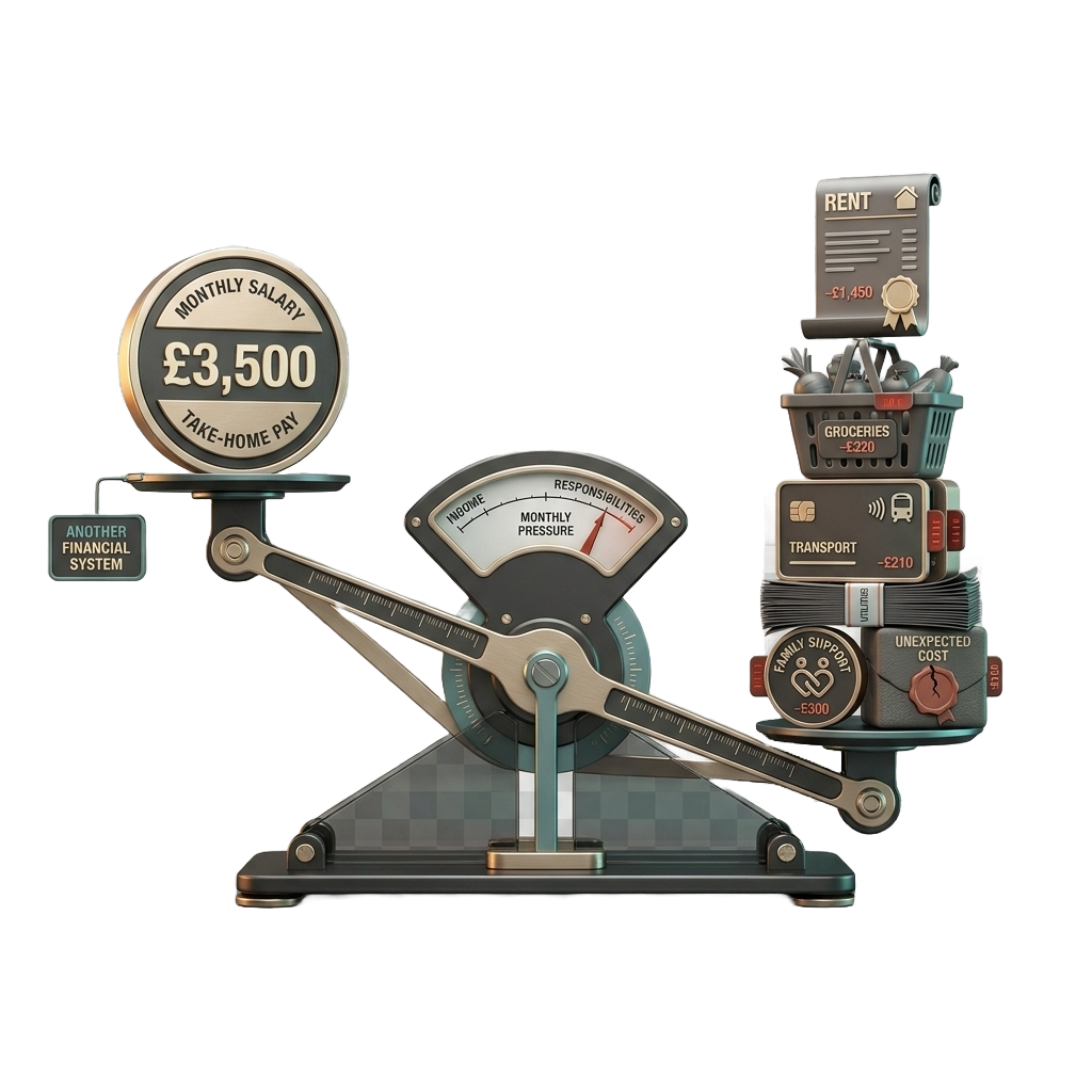 A scale showing monthly salary weighed against rent, groceries, transport, and family support