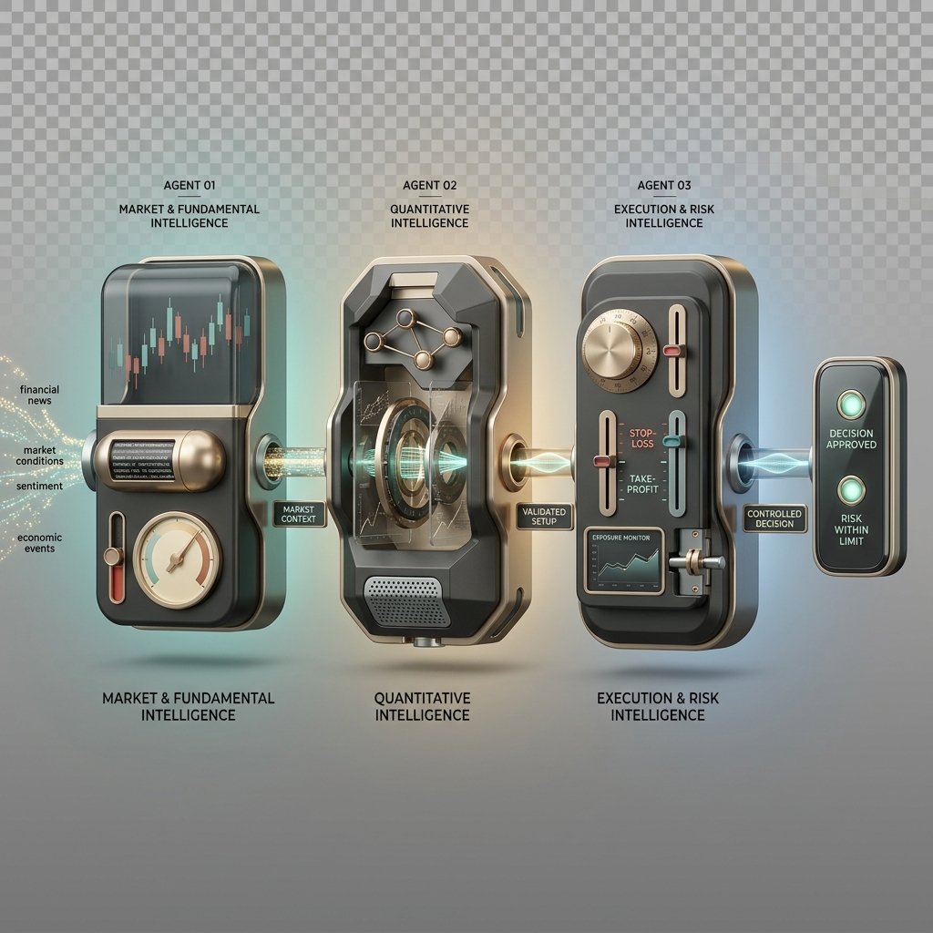 Three connected agent devices: market and fundamental intelligence, quantitative core, and execution and risk shield