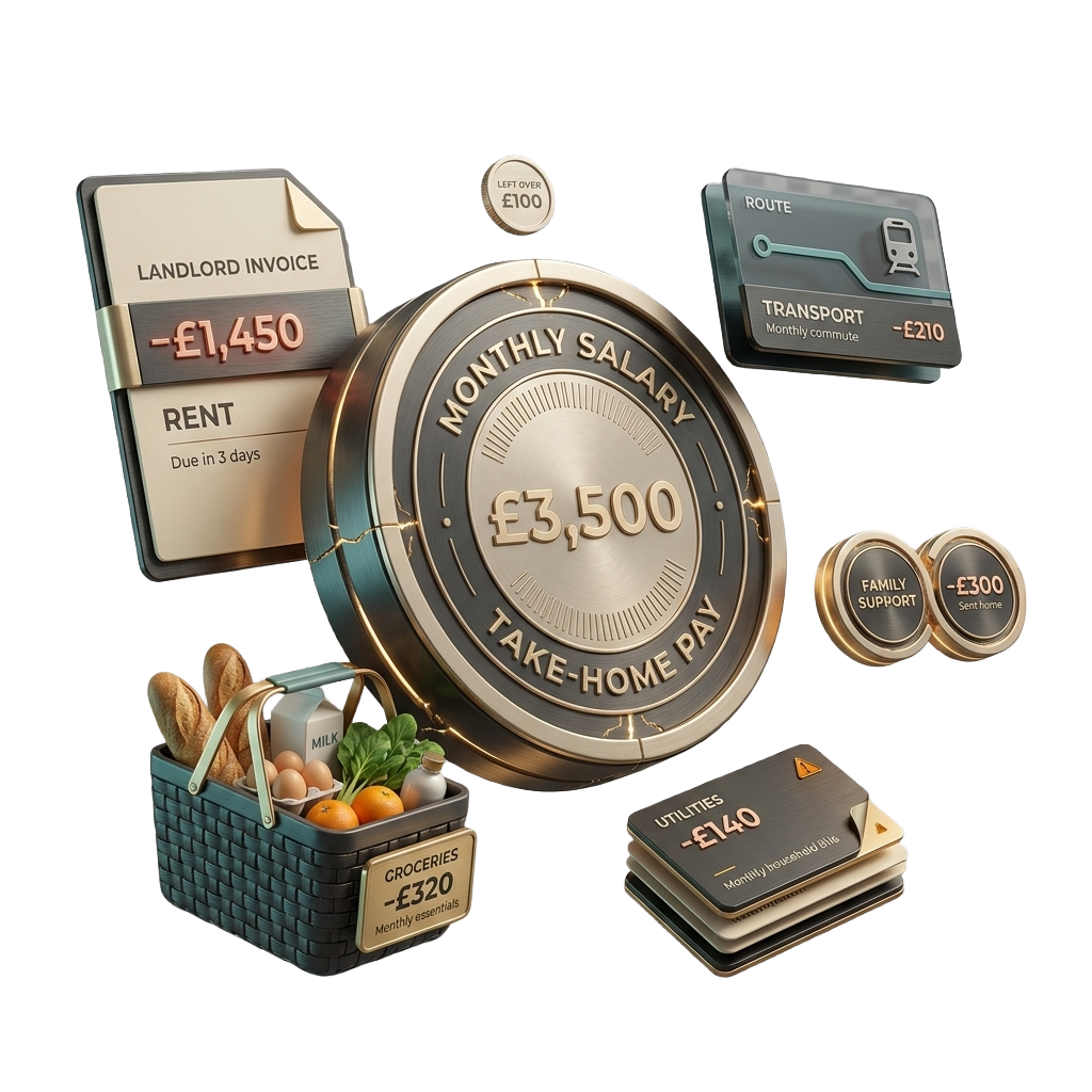 Monthly salary breaking apart into rent, groceries, transport, utilities, and money sent home