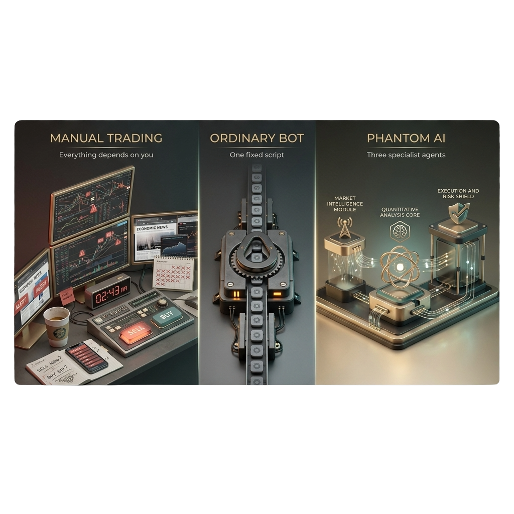 Manual trading versus an ordinary bot versus Phantom AI's three specialist agents