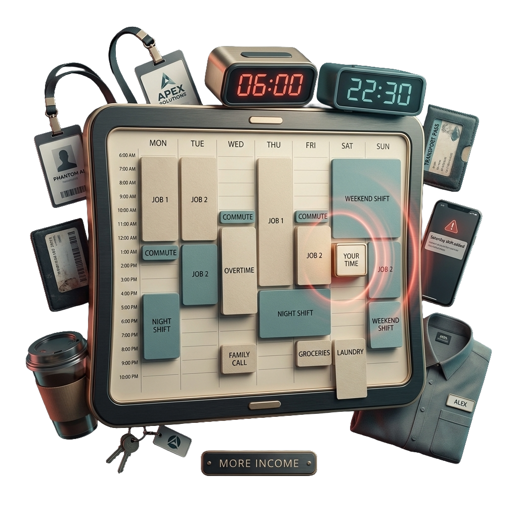 A packed weekly work calendar showing job 1, job 2, night shifts, and weekend shifts, with almost no time left over