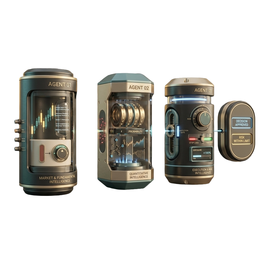 Three connected agent devices: market and fundamental intelligence, quantitative core, and execution and risk shield