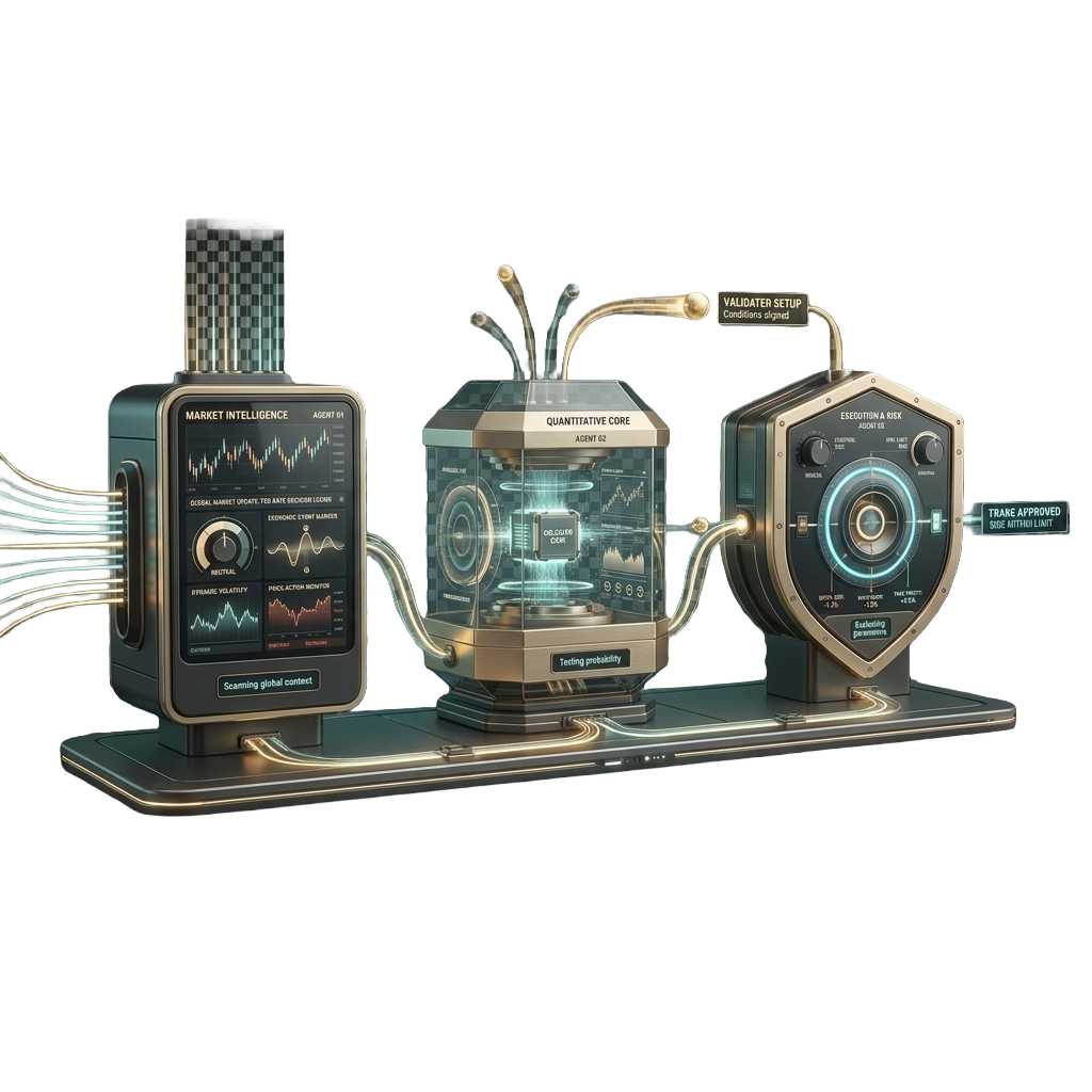 Three connected agent devices: market and fundamental intelligence, quantitative core, and execution and risk shield